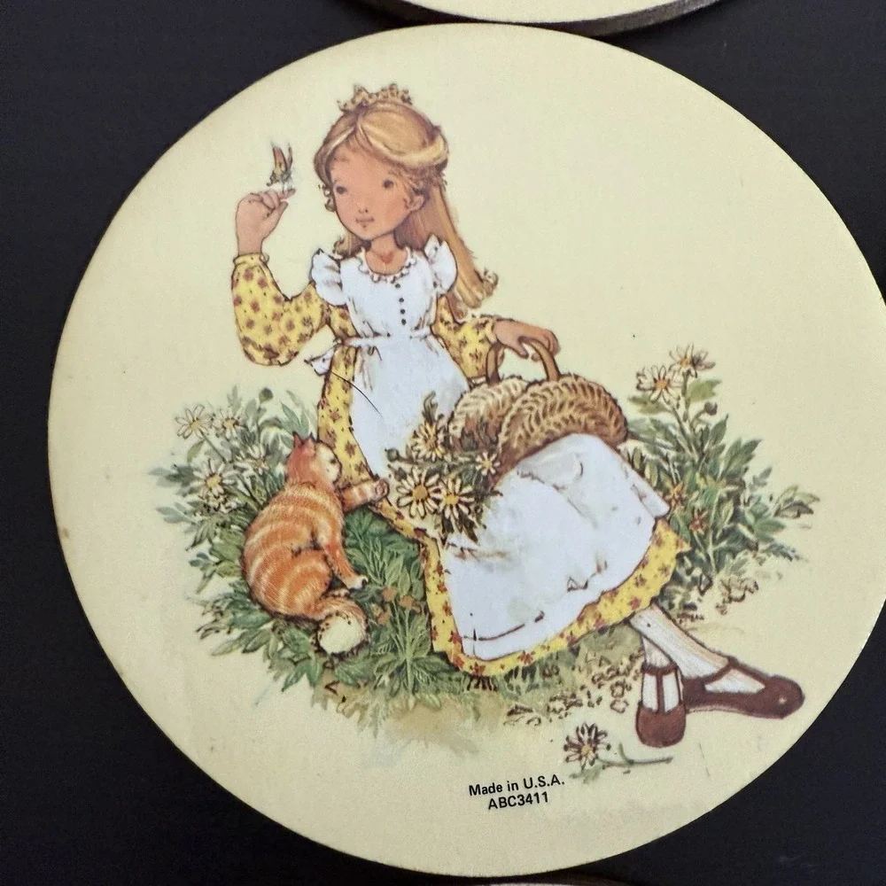 Vintage Holly Hobbie Coaster Set‎ (6) 70s 80s Cork Bottom Kitten Cat Flowers USA